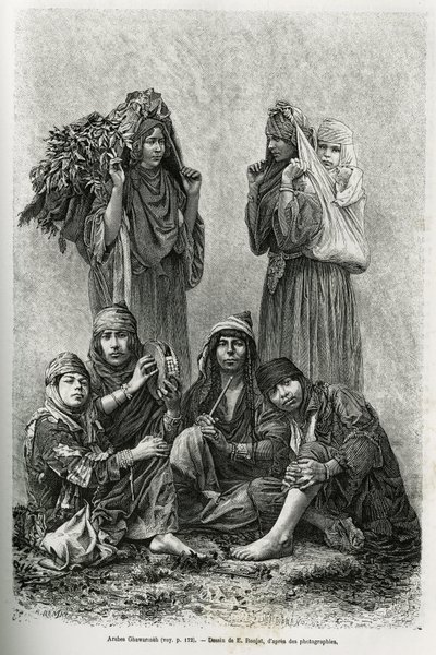阿拉伯人 Ghawarineh，来自死海盆地的游牧民族。 由 E.Ronjat 雕刻，以说明当今叙利亚的故事，由里昂医学院院长 M.Lortet 雕刻，负责公共教育部的科学任务，发表在 T 作者 艾蒂安·安托万·尤金·罗纳特
