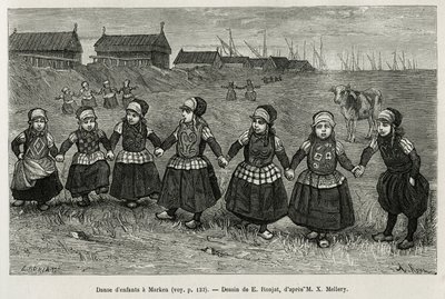 Marken（荷兰）的儿童舞蹈，根据 E.Ronjat 的一幅画雕刻，以说明 Neerlande 的故事，Charles de Coster 于 1878 年在世界巡回展上发表，由 Edouard Charton 指导 作者 艾蒂安·安托万·尤金·罗纳特