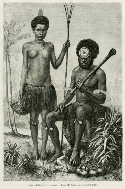 Fijian couple. Engraving by E.Ronjat to illustrate the story Promenades en Oceanie, by Aylic Marin, in le tour du monde 1887, directed by Edouard Charton (1807-1890), Hachette, Paris. 作者 艾蒂安·安托万·尤金·罗纳特