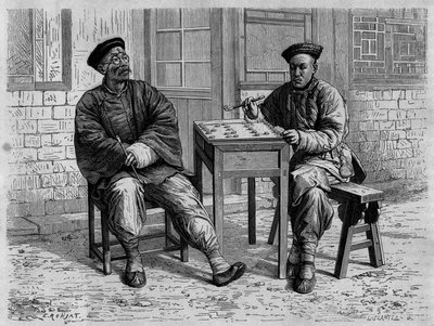 19世纪北京（北京）街头的围棋选手。 由 Ronjat 绘制的版画，Morache 博士的照片，在“Le Tour du Monde，Nouveau journal des Voyages”，由 Edouard Charton 编辑，巴黎 作者 艾蒂安·安托万·尤金·罗纳特