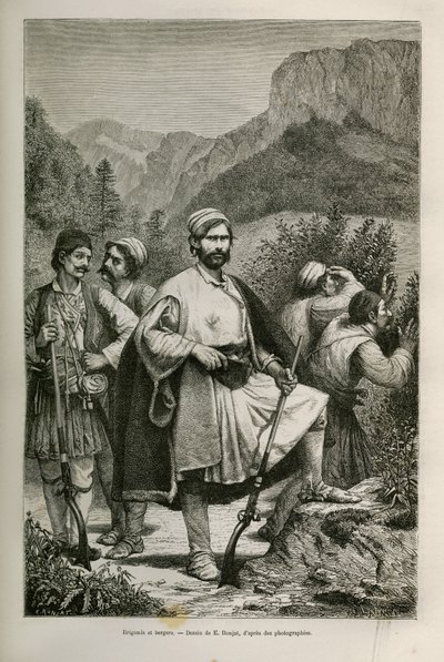 Greek brigands and shepherds, accomplices in the mountains, drawing by E.Ronjat, to illustrate the story of Henri Belle: Journey to Greece 作者 艾蒂安·安托万·尤金·罗纳特