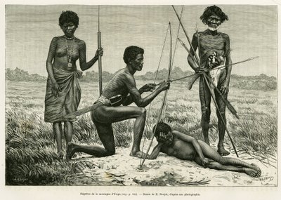 Negritos of Yriga Mountain. Engraving by E.Ronjat to illustrate the story Lucon and Palaouan, six years in the Philippines, by Alfred Marche (1844-1898), in le tour du monde 1886, directed by Edouard Charton (1807-1890), Hachette, Paris. 作者 艾蒂安·安托万·尤金·罗纳特