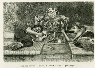 鸦片烟民。 由 E.Ronjat 雕刻，在一张照片之后，说明 1884 年的故事 Trente mois au Tonkin，由 Hocquard 博士在 le tour du monde 1889 中，由 Edouard Charton（1807-1890）执导，巴黎阿歇特。 作者 艾蒂安·安托万·尤金·罗纳特