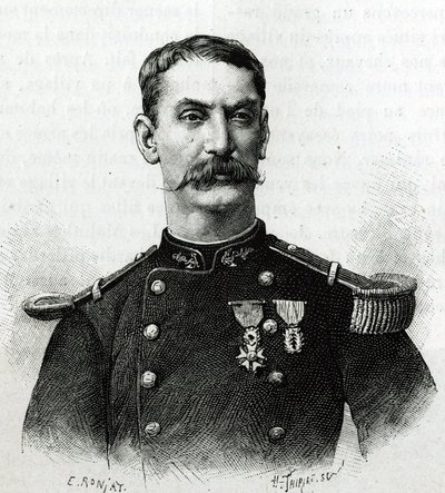 在远征非洲期间（1879-1882 年），指挥官约瑟夫·加利尼 (Joseph Gallieni) 的肖像。 E. Ronjat 在一张照片后雕刻，以说明第 1 任指挥官 Joseph Gallieni（1849-1916）的故事“Exploration du Haut Niger（Haut Niger）”（今马里） 作者 艾蒂安·安托万·尤金·罗纳特