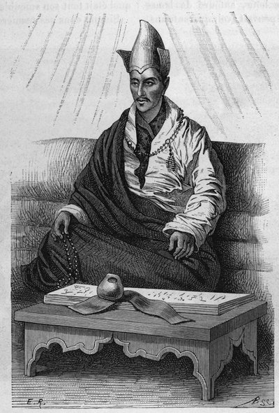 1870-1880年西藏大祭司“呼图察”画像。 在 Ronjat 的绘画之后雕刻，在“”Le Tour du Monde, Nouveau journal des Voyages”，由 Edouard Charton 编辑，巴黎 作者 艾蒂安·安托万·尤金·罗纳特