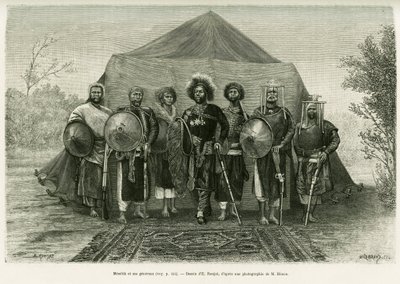 埃塞俄比亚梅内利克二世亲王（1844-1913）的肖像，周围有他的将军们。隆贾特根据照片绘制的版画，用于说明《乔亚之旅》（Abyssinie meridionale）的故事。 作者 艾蒂安·安托万·尤金·罗纳特