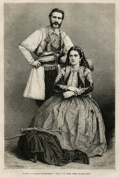Portraits of the Prince of Montenegro Nicholas I Petrovicz Niegosch (1841-1921) and his wife, Milena, nee Voukovich (1847-1923), drawing by E.Ronjat, to illustrate the journey to Montenegro, in 1874, by Charles Yriarte (1832-1898). Engraving in Le tour du  作者 艾蒂安·安托万·尤金·罗纳特