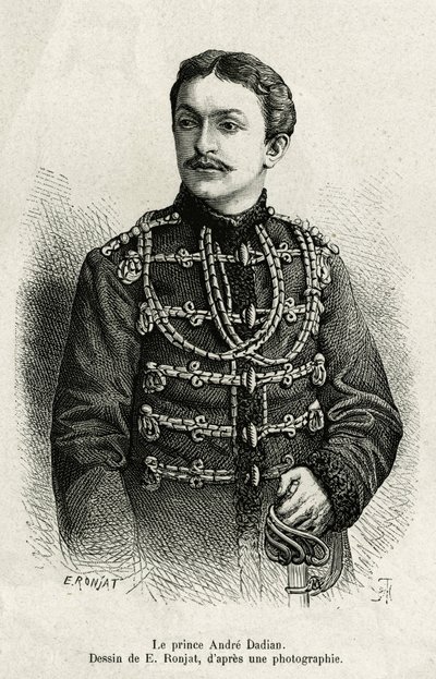 明日烈的安德烈·达甸王子（1850-1910），俄军上将，国际象棋冠军。 由 E.Ronjat 雕刻，以说明故事 Un tour en Mingrelie（格鲁吉亚地区，在高加索和 Rion 之间延伸），Carla Serena 于 1876-187 年 作者 艾蒂安·安托万·尤金·罗纳特