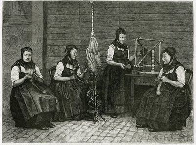 Sondernach spreaders, description of the different stages of spinning, hand, spindle and spindle. Engraving by E.Ronjat, to illustrate the story “Atravers l