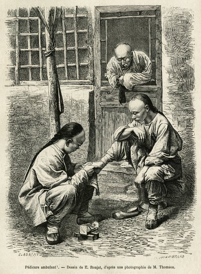 步行修脚，中国城市日常生活中常见的场景。 E.Ronjat 绘图后的版画，说明前往北京和华北的旅程，T.Choutze，1873 年，发表于“Le tour du monde””，1876 年，Edouard Charton 编辑 作者 艾蒂安·安托万·尤金·罗纳特
