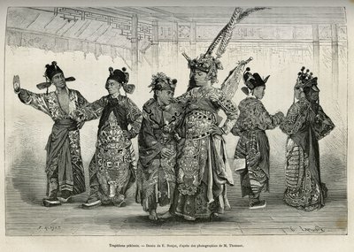 北京剧院的悲剧演员，擅长历史和神话剧。 E.Ronjat 绘图后的版画，说明前往北京和华北的旅程，T.Choutze，1873 年，发表于“Le tour du monde””，1876 年，Ed 编辑 作者 艾蒂安·安托万·尤金·罗纳特