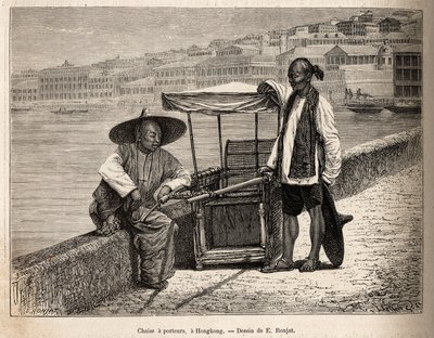 在香港，坐在轮椅旁休息的两名搬运工，根据 E. Ronjat 的一幅描绘中国航行的图画，J. Thompson 于 1870-1872 年间雕刻，发表于“Le tour du monde””，1875 年编辑 爱德华·查顿，阿歇特版，巴黎。 秒 作者 艾蒂安·安托万·尤金·罗纳特