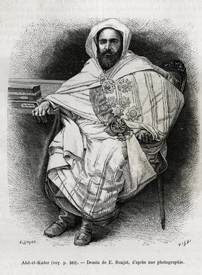 Abd El Kader（1808-1883）的肖像，阿尔及利亚埃米尔和苏丹，苏菲派神学家，政治家和对法国殖民军队的军事抵抗，也是作家、诗人和哲学家。E.Ronjat的雕刻，为M.Ronjat的故事《今日的叙利亚》作插图。 作者 艾蒂安·安托万·尤金·罗纳特