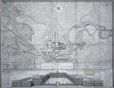 拉斯塔特镇及其周边地区和Schloss的地图（雕刻）。 作者 艾蒂安·克劳德·沃萨德