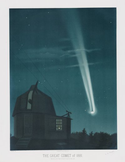 1881 年的大彗星，于 6 月 25 日至 26 日晚上凌晨 1 点 30 分观测到，来自 1881 年特鲁夫洛天文图，酒吧。 1881年（彩色石版画） 作者 ÉtienneLéopoldTrouvelot