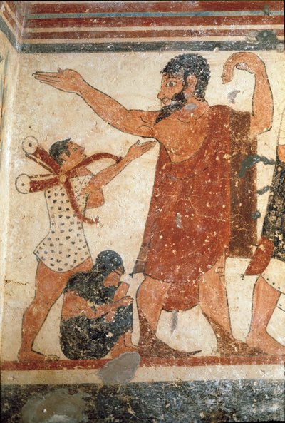 一个角色，可能是这场比赛的裁判。 （壁画细节，公元前 530 年） 作者 Etruscan