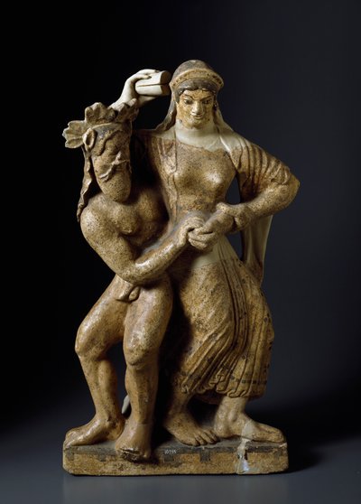 古代艺术品。"萨提尔和跳舞的人 "来自萨提卡姆的母神庙的陶器雕塑。公元前480年。凹陷。59厘米 罗马，国家朱利亚别墅博物馆 作者 伊特鲁里亚语