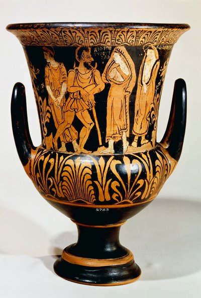 图尔穆卡画家的Calyx-krater（大花瓶），描绘了冥界与卡戎和女孩的场景。来自武尔西（拉齐奥）的红纹陶器。伊特鲁里亚文明，公元前330-300年。 作者 Etruscan