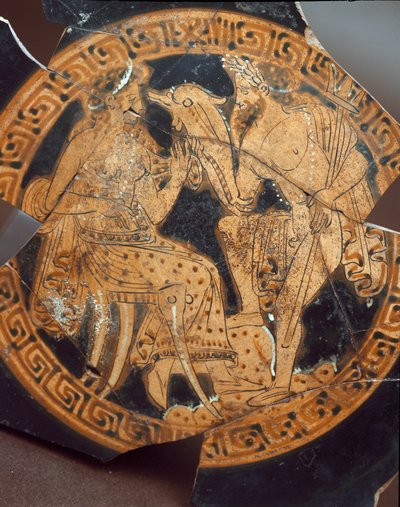 Etruscan antiquite：表现波塞冬和安菲特里特的Kylix的细节。来自Falerii Veteres（Civita Castellana）公元前6世纪。罗马，国家朱利亚别墅博物馆 作者 伊特鲁里亚语