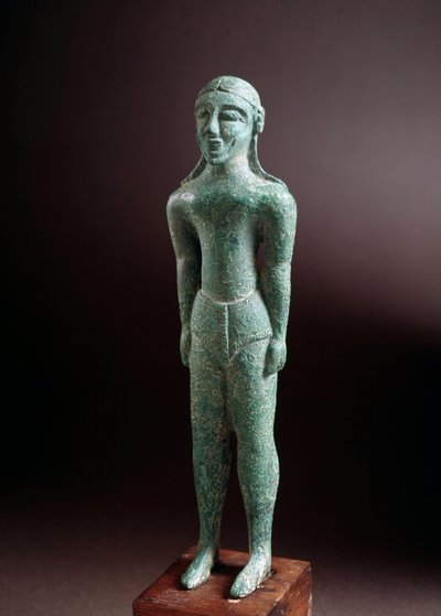 伊特鲁里亚文明：公元前550年，意大利佛罗伦萨附近的卡斯特罗，“ kouros”青铜雕塑，昏暗15厘米 作者 伊特鲁里亚语