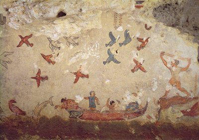 渔夫在船上和鸟类飞行，从捕鱼和狩猎之墓，公元前520  -  510年（壁画） 作者 伊特鲁里亚语