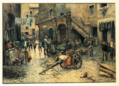 意大利，罗马，Ettore Roesler Franz创作的罗马（犹太）贫民区Capocciuto路的街头生活，水彩画 作者 埃托尔·罗斯勒·弗朗兹