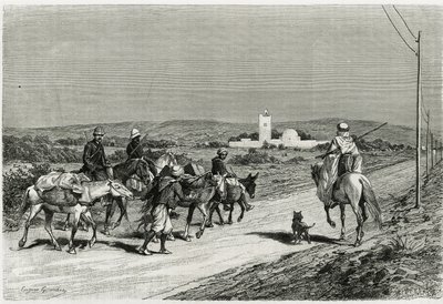 我们的拖车在动。 由尤金·吉拉尔 (Eugene Girardet) 雕刻，以说明故事“突尼斯航行”(Voyage en Tunisie)，作者为 Rene Cagnat (1852-1937) 历史学家和建筑师亨利·萨拉丁 (Henri Saladin)（1851-1923 年），1882-1883 年受公共教育部委托。 发表于 作者 尤金·亚历克西斯·吉拉德（Eugene Alexis Girardet）
