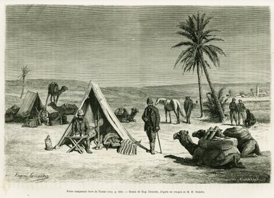 托泽尔附近的旅行者营地。 由 Eugene Girardet 雕刻，以说明 R.Cagnat 和 H.Saladin 在 1886 年世界之旅中的故事突尼斯航行，由 Edouard Charton（1807-1890）执导，巴黎阿歇特。 作者 尤金·亚历克西斯·吉拉德（Eugene Alexis Girardet）