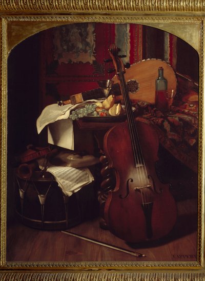 静物与乐器。 尤金·阿佩尔 (Eugene Appert) 的绘画 (1814 - 1867) 作者 尤金·阿佩特