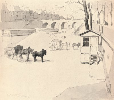 The Pont Marie-马和马车，1915年 作者 尤金·贝约特