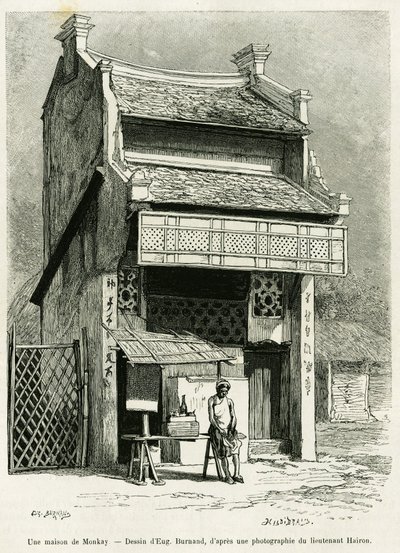 蒙凯的房子。尤金-伯南（Eugene Burnand）的版画，为P.Neiss医生的故事《Sur les frontières du Tonkin》作插图，载于1888年的《世界之旅》，由爱德华-查顿（1807-1890）执导，巴黎哈谢特出版社。 作者 尤金·伯恩（Eugene Burnand）