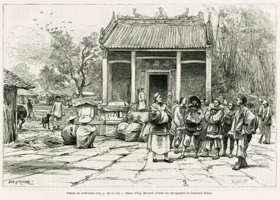 会议塔，蒙凯。尤金-伯南的版画，为P.Neiss医生的故事《Sur les frontières du Tonkin》作插图，载于1888年的《世界之旅》，由爱德华-沙特（1807-1890）导演，巴黎Hachette出版社。 作者 尤金·伯恩（Eugene Burnand）