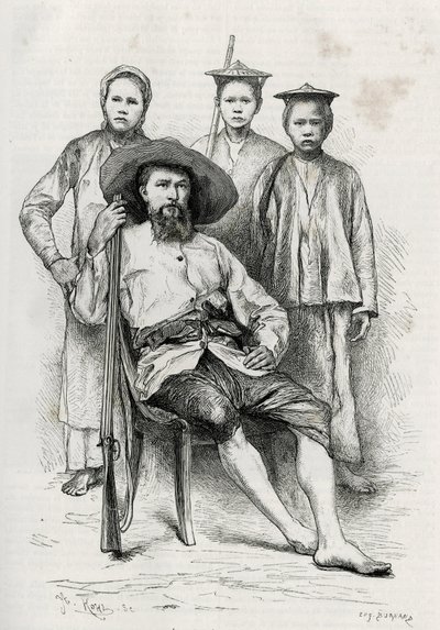 作者的肖像，围绕着他的旅行伙伴。Eugene Burnand的雕刻，为P.Neis博士1880年的故事《上老挝之旅》作插图。发表于《世界之旅》，新的旅行杂志，1885年第二学期，由埃杜编辑。 作者 尤金·伯恩（Eugene Burnand）