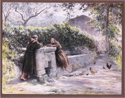 圣弗朗西斯和Friar Masseo在喷泉的餐厅。圣弗朗西斯赞扬贫穷，1919年 作者 尤金·伯恩（Eugene Burnand）