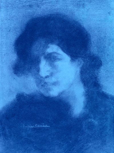 一个女人的肖像（纸上蓝墨水和水墨）。 作者 欧仁·卡里尔（EugèneCarrière）