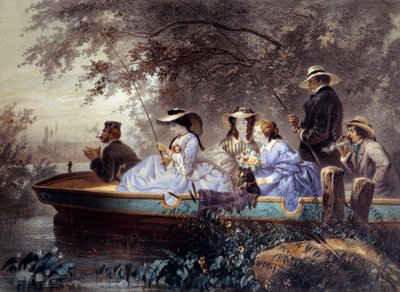周日与家人一起在河边钓鱼 Eugene Guerard (1821-1866) 19 世纪巴黎，Musee Carnavalet 作者 尤金·查尔斯·弗朗索瓦·瓜拉德