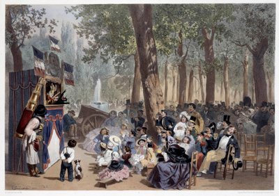 19 世纪巴黎香榭丽舍大街上的 guignols 表演。 Eugene Guerard (1821-1866) 的版画 19 世纪巴黎，Musee Carnavalet 作者 尤金·查尔斯·弗朗索瓦·瓜拉德