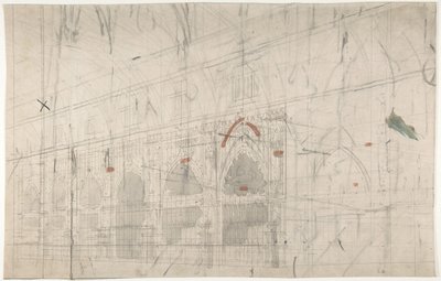 巴黎歌剧院的舞台布景设计：教堂内部，1830-90。 作者 尤金·西塞里