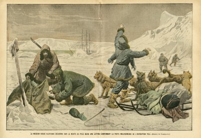 Eugene Damblans (1865-1945)在Le Pelerin的插图，02/04/05 - 俄罗斯使团Klotchak在北极路上发现了一封信，确认探险队的不幸损失 Toll - 南北两极, 极地探险, 冰, 撬棍陷阱 作者 尤金·丹布拉斯
