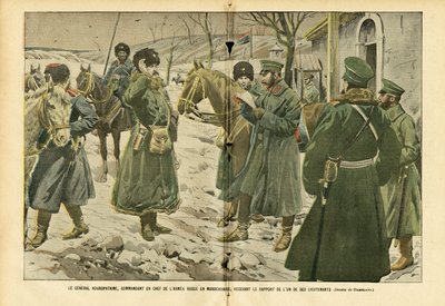 Eugene Damblans（1865-1945）在Le Pelerin的插图，05年3月5日--满洲里的俄罗斯军区总司令Kuropatkin将军接受他的一名副官的报告--俄罗斯, 军区, 满洲里, 俄日战争, 雪 - 将军 作者 尤金·丹布拉斯