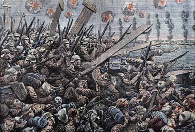 1914-1918年的战争。1914年的比利时前线。Yser河上的德国士兵。丹布兰斯的画作。 作者 尤金·丹布拉斯