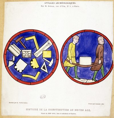 中世纪的建筑历史：沙特尔大教堂中 13 世纪彩色玻璃窗的 Fac simile - Eugene Viollet-le-Duc (Viollet le Duc) (1814-1879) 的画作，并带有几个 maconic 符号。 作者 尤金·伊曼纽尔（Eugene Emmanuel）（后）Viollet le Duc
