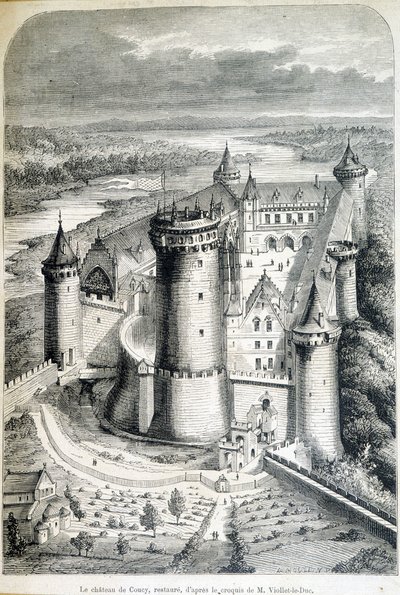 Le chateau de Coucy, restaure - 根据Eugene Viollet-le-Duc (Viollet le Duc) (1814-1879) 的草图雕刻 - 1858年5月8日的 "Le Monde illustrious"。 作者 尤金·伊曼纽尔（Eugene Emmanuel）（后）Viollet le Duc