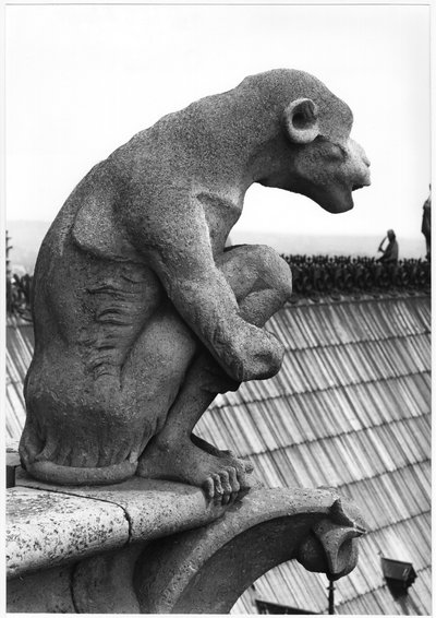 猴子妖怪，来自西面大画廊的栏杆，是12世纪原作的复制品（石头）（黑白照片）。 作者 Eugene Emmanuel Viollet le Duc
