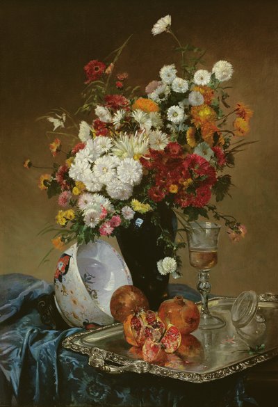 静物与鲜花和石榴 作者 Eugene Henri Cauchois