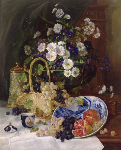 静物与鲜花和水果 作者 Eugene Henri Cauchois