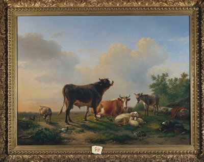 公牛，牛，驴，山羊，绵羊和家禽，风景广阔，1849年 作者 尤金·约瑟夫·韦伯霍芬