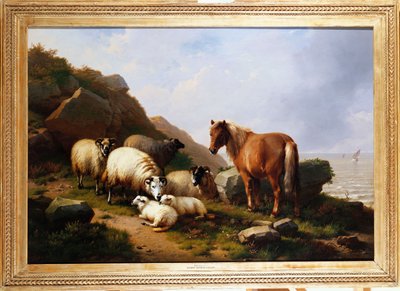 小马和绵羊在悬崖上，帆船超越，1868年 作者 尤金·约瑟夫·韦伯霍芬