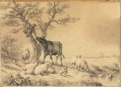 与动物和男孩在树上的风景，1866年。 作者 尤金·约瑟夫·韦伯霍芬