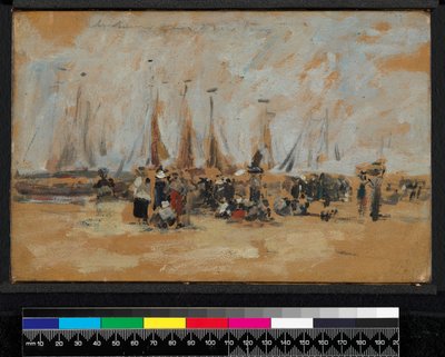 海滩场面，可能是哈弗勒尔（Harfleur），1888-1895年 作者 尤金·路易斯·布丁